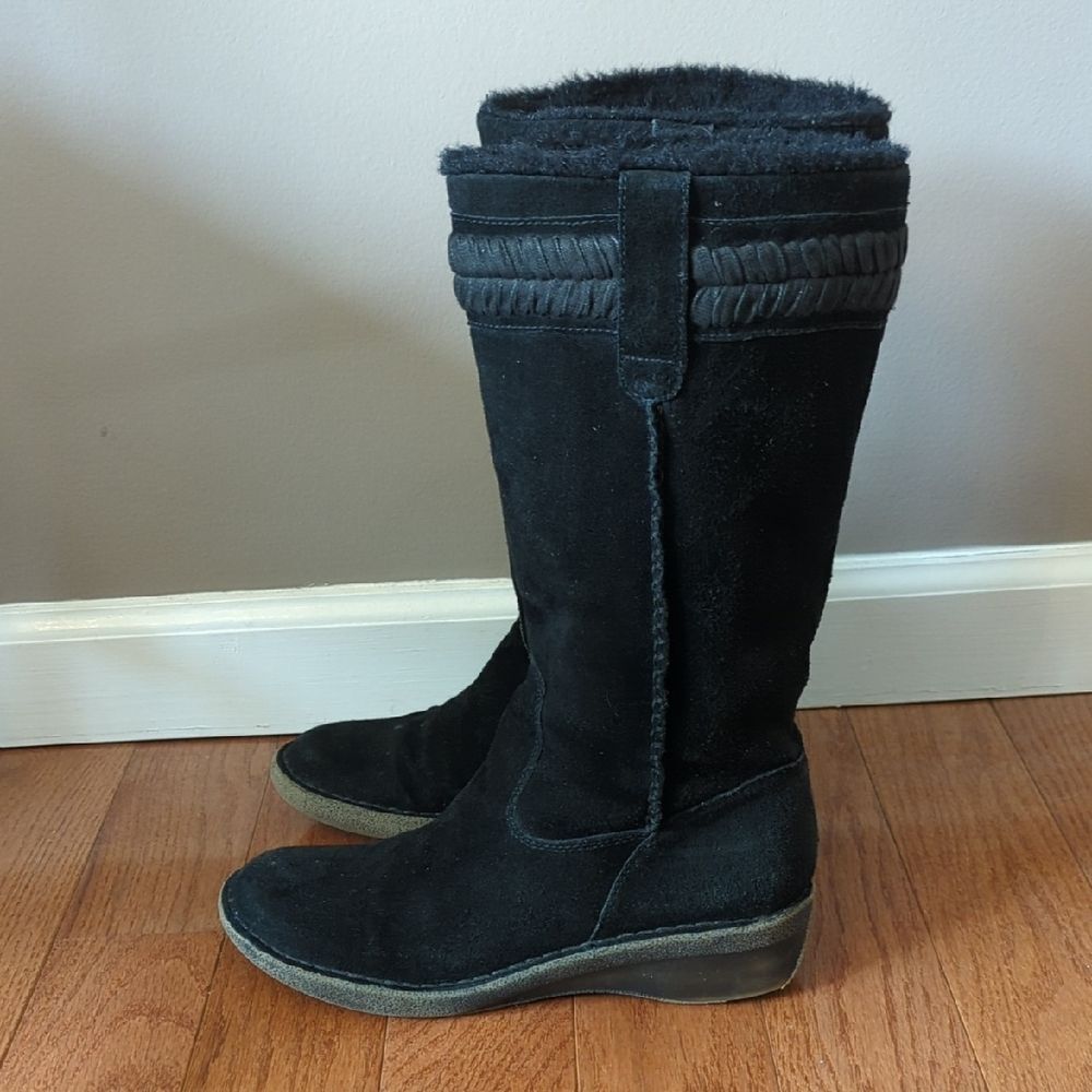 Nine West Vintange American Collection Black Suede Boots Faux Fur Trim